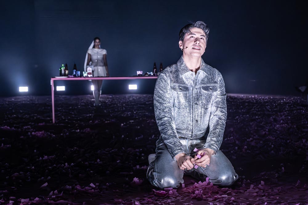 Much Ado About Nothing. Mara Huf (Hero) & James Phoon (Claudio). Credit Marc Brenner. 9270